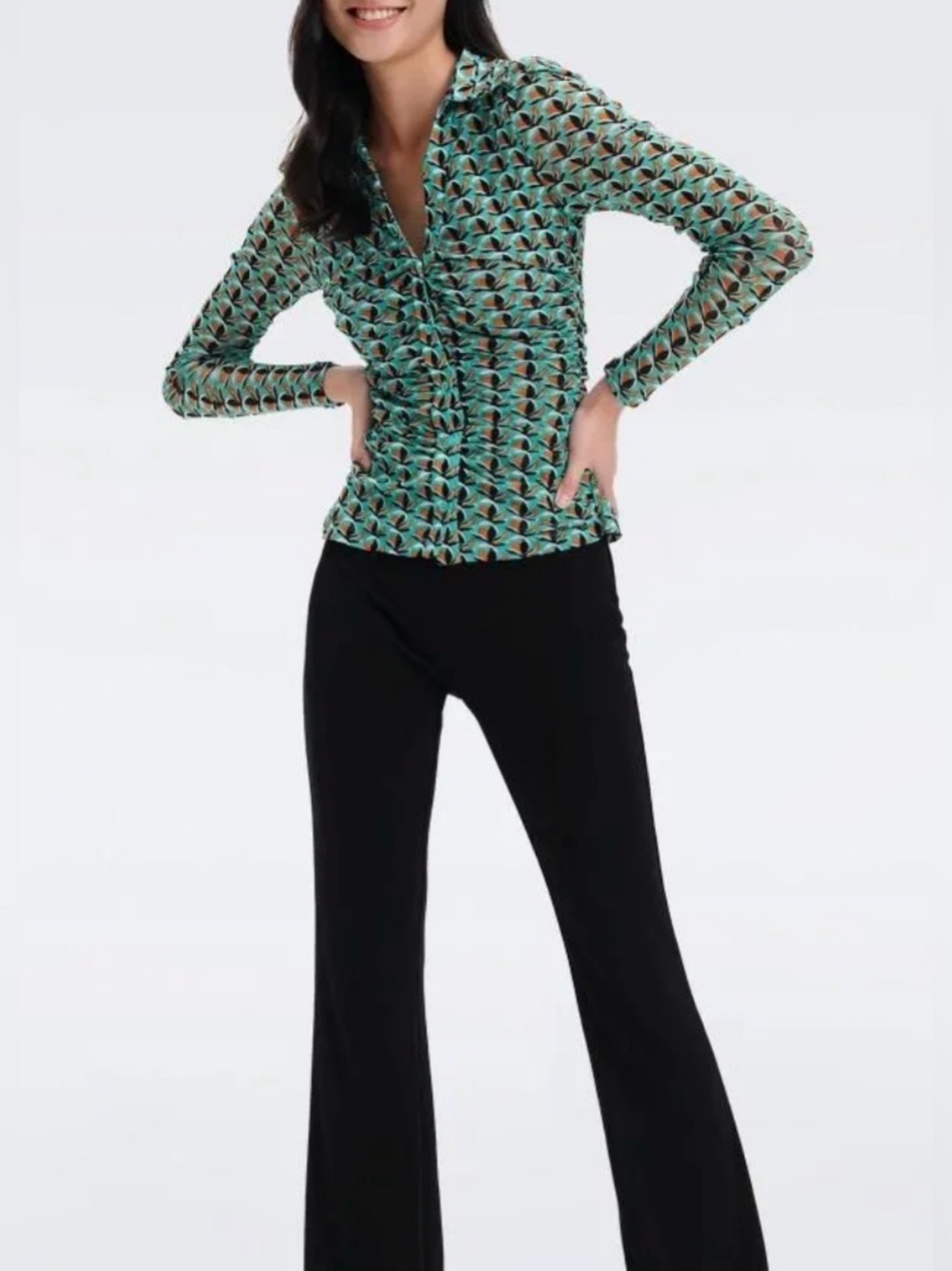 Diane Von Furstenberg Nathaniel Long Sleeve Top, Size M, Color Turquoise/Multi